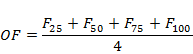 OF equals fraction numerator F subscript 25 end subscript plus F subscript 50 end subscript plus F subscript 75 end subscript plus F subscript 100 end subscript over denominator 4