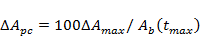 upper case Delta A subscript pc end subscript equals fraction numerator 100 upper case Delta A subscript max end subscript over denominator A subscript b end subscript open parenthesis t subscript max end subscript close parenthesis