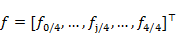 f equals open square bracket f subscript 0 divided by 4 end subscript comma dot dot dot comma f subscript j divided by 4 end subscript comma dot dot dot comma f subscript 4 divided by 4 end subscript close square bracket to the power of T(transpose) end exponent