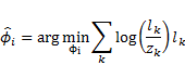 phi with hat on top subscript i end subscript equals arg space min with phi subscript i end superscript below sum for k of log open parenthesis fraction numerator l subscript k end subscript over denominator Z subscript k end subscript end fraction close parenthesis l subscript k end subscript