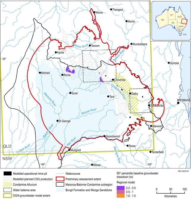 Baseline groundwater drawdown (m) for Model layer 3 – Bungil Formation