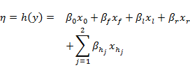 eta equals h open parenthesis y close parenthesis equals beta subscript 0 end subscript x subscript 0 end subscript plus beta subscript f end subscript x subscript f end subscript plus beta subscript l end subscript x subscript l end subscript plus beta subscript r end subscript x subscript r end subscript plus sum from j equals 1 to 2 beta subscript h subscript j end subscript end subscript x subscript h subscript j end subscript end subscript