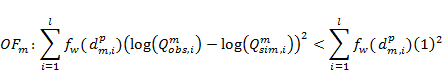 O F subscript m end subscript colon sum from i equals 1 to l of f subscript w end subscript open parenthesis d subscript m comma i end subscript superscript p end superscript close parenthesis open parenthesis log open parenthesis Q subscript o b s comma i end subscript superscript m end superscript close parenthesis minus log open parenthesis Q subscript s i m comma i end subscript superscript m end superscript close parenthesis close parenthesis squared less than sum from i equals 1 to l of f subscript w end subscript open parenthesis d subscript m comma i end subscript superscript p end superscript close parenthesis open parenthesis 1 close parenthesis squared