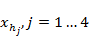 x subscript h subscript j end subscript end subscript comma j equals 1 dot dot dot 4