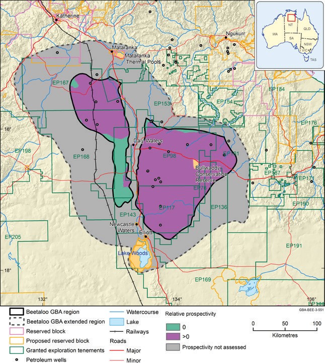 Relative prospectivity is greatest in the north of the western part of the Beetaloo GBA region and in most of the eastern part of the Beetaloo GBA region. Prospectivity was not assessed outside of the Beetaloo GBA region. Reserved blocks, proposed reserve blocks and granted exploration tenements cover the region. Petroleum wells are also shown.