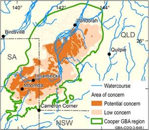 The areas of highest potential concern from the activities related to unconventional gas resource development are in the central and south-west parts of the Cooper GBA region, stretching from Windorah in Queensland to Moomba in South Australia. They cover roughly half of the region. They are loosely surrounded by areas of low potential concern. The rest of the region is classified as having areas of no concern.