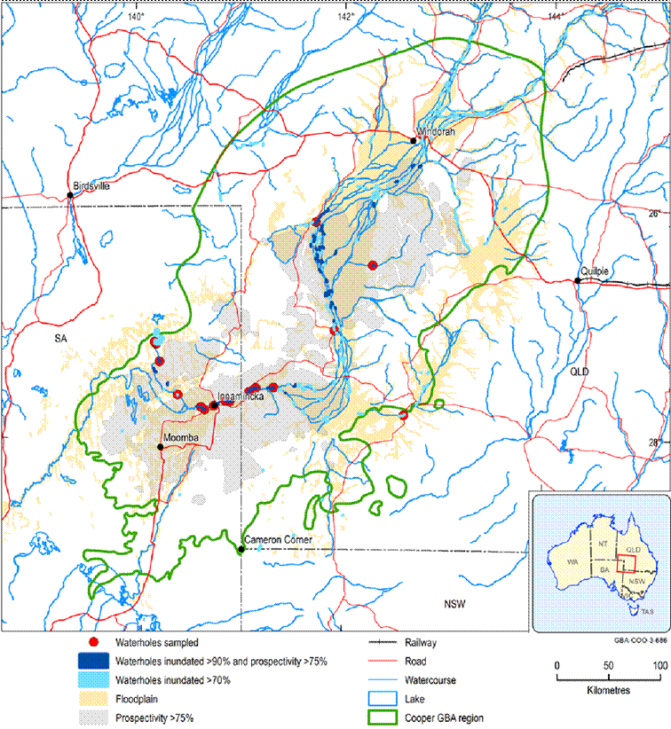 Waterholes are spread along Cooper Creek channels from north east of Windorah in Queensland to west of Innamincka and into Coongie Lakes in South Australia.  The greatest number of waterholes overlying areas prospective for unconventional gas resources are between Windorah and Innamincka. Most of the sampled waterholes are along Cooper Creek in the southern half of the Cooper GBA region, north of Moomba in South Australia.