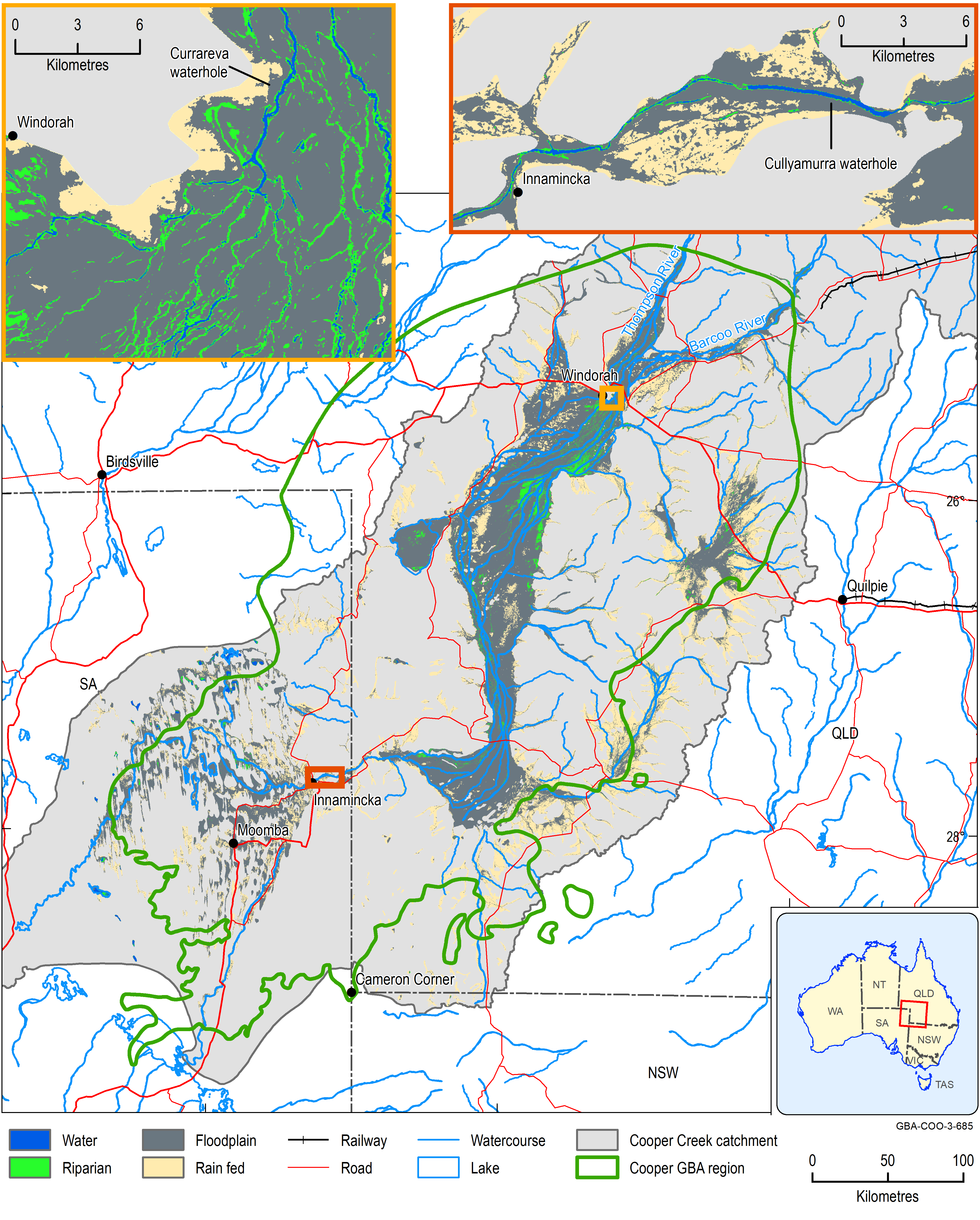 Based on water use, there is one obvious dominating floodplain in the Cooper GBA region, stretching south-west of Windorah in Queensland almost to the South Australia border near Innamincka. This floodplain also stretches north-east of Windorah but not as far as its south-west extension. There are secondary floodplains, one in the far east of the Cooper GBA region, near Quilpie in Queensland, and the other north of Moomba in South Australia.