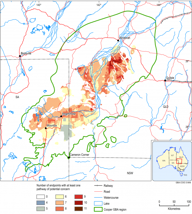 The greatest concentration of potential impacts (known as 'endpoints') from unconventional gas resources development in the Cooper GBA region is in the central-north part of the region (south of Windorah in Queensland). The next greatest concentration is in the south-west part of the region (around Moomba and Innamincka in South Australia). 