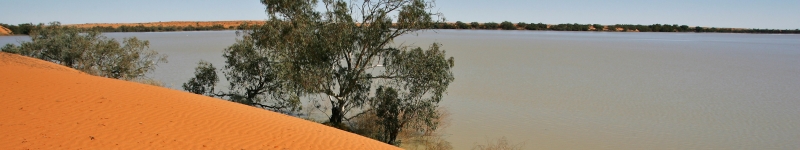 Photo of Coongie Lake Ramsar wetland with sand dunes in the foreground
